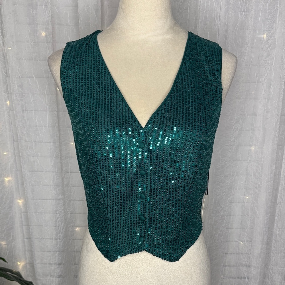 Elegant Teal Sleeveless Sequin Vest